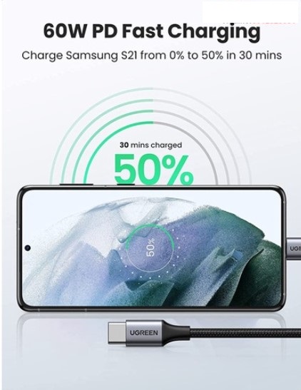 Cáp sạc nhanh 60W USB Type-C to Type-C dài 1M bọc nylon Ugreen 50150 cao cấp (dữ liệu)